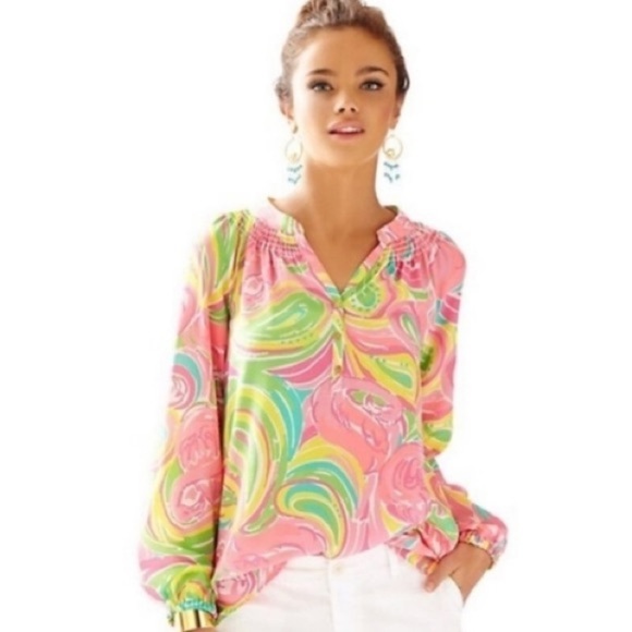 Lilly Pulitzer Tops - Women’s Lilly Pulitzer Multi All Nighter Elsa Blouse Top Silk Flamingo Print
